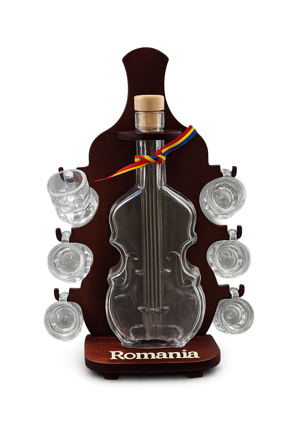 Minibar vioară cu sticlă în formă de vioară și 6 pahare de țuică