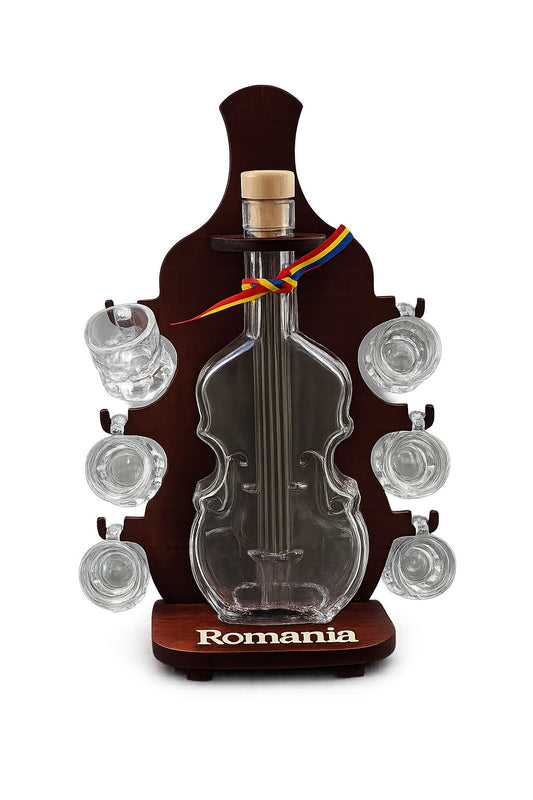 Minibar vioară cu sticlă în formă de vioară și 6 pahare de țuică